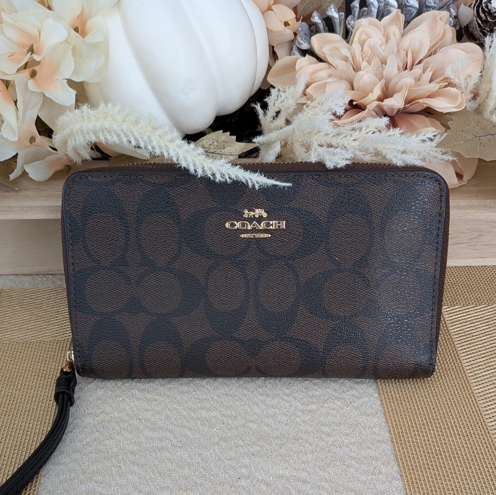 Coach Dark Brown Wristlet with Gold Logo